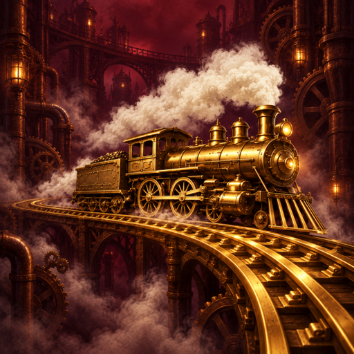Railbound City app icon: a golden steam locomotive crossing a brass viaduct